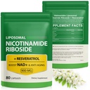 תוסף NAD עם Nicotinamide Riboside - Resveratrol,Liposomal Nicotinamide Riboside,Quercetin - High Purity NAD עבור אנטי-Aging, Focus, אנרגיה 160 קפסולות (2 Bag)