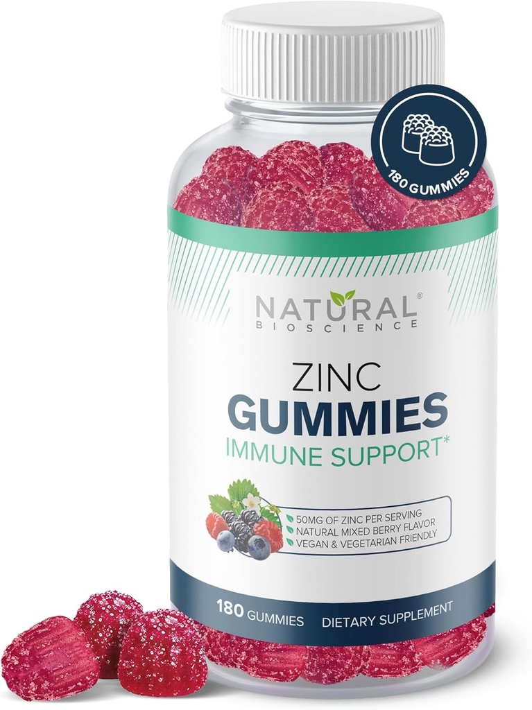 Znc Gummies 50 מ"ג - תמיכה גבוהה בפוטנציה, בריאות העור, Antioxidant, Daily Immunity תוסף למבוגרים, טבעוני, Gluten-Free, non-GMO, Chewable Zinc Citrate Gummies, 180 חניכיים