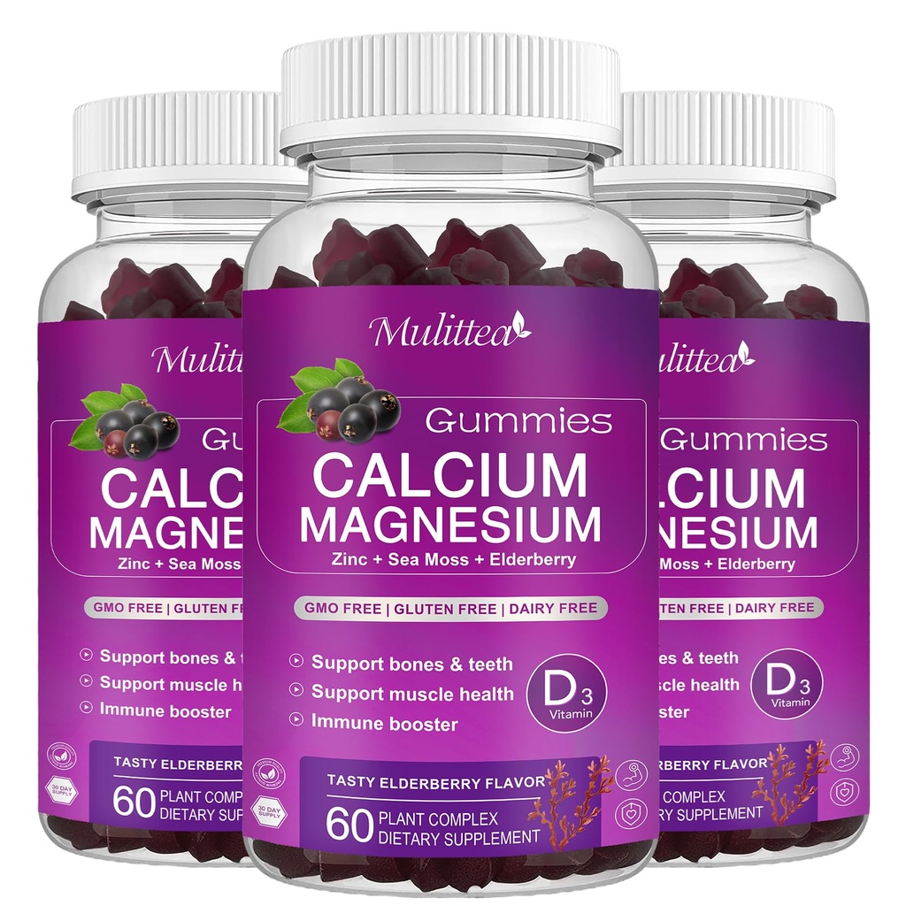 Calcium Magnesium Zinc Gummies עם גבוה Absorption Magnesium Glycinate 200 מ"ג, Potassium - Plant Calcium תוסף w / D3 & Sea Mos עבור העצם, השרירים, Calm Mood & Sleep Support ילדים ומבוגרים (3 Pack)