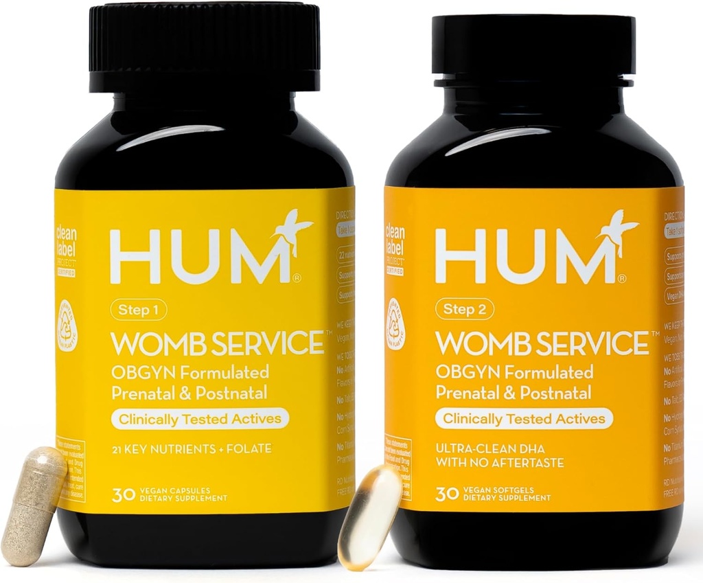 HUM Womb Service Postnatal & Prenatal תוספי עבור נשים, OBGYN פורמולה עם DHA טבעוני, Choline & Folate, ניקוי יומי מזון, תמיכה הריון טרום-to-Post, 30 קפסולות טבעוניות ו -30 Softgels