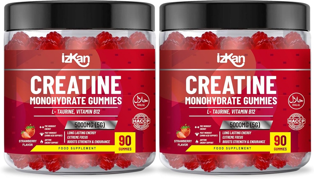 Creatine Monohydrate Gummy 5000 מ"ג עבור גברים ונשים - 180 Chewable Creatine ADVance COMPLEX Turine & B12 Gummies Strawberry Flavoured | Pre Workoutהתעמלות תוסף