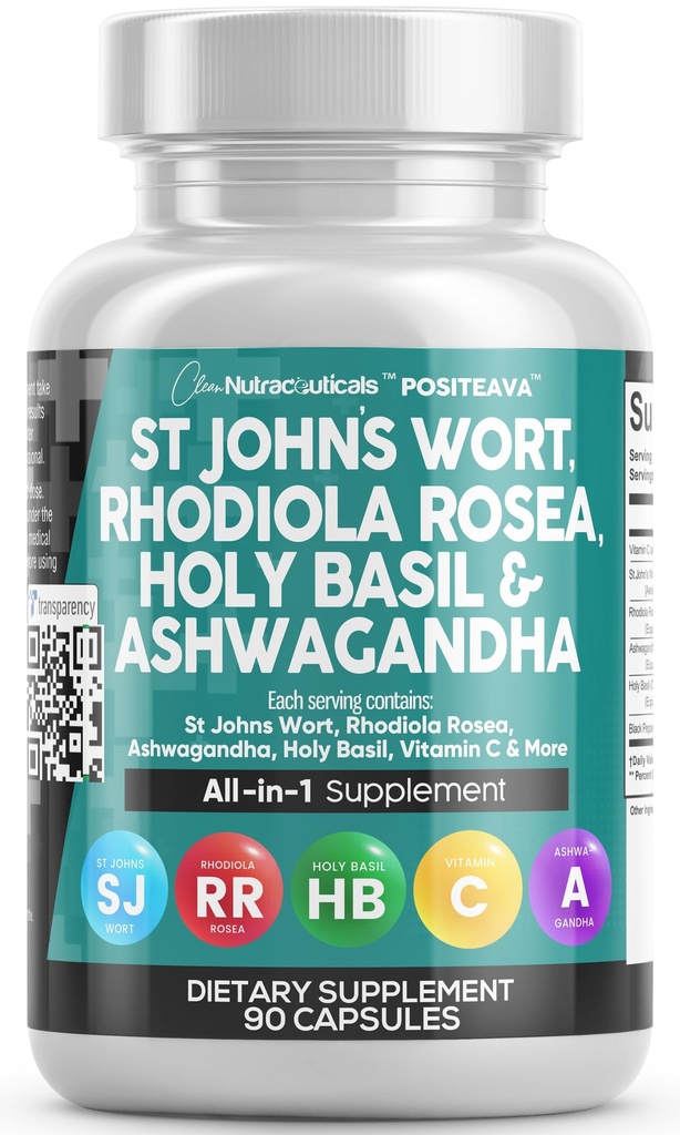 ניקוי Nutraceuticals St Johns Wort Rhodiola Rosea קדוש בזיל אשוגנדה - תמיכה Mood לנשים וגברים עם C & Black Pepper Extract - 90 Caps Caps Caps