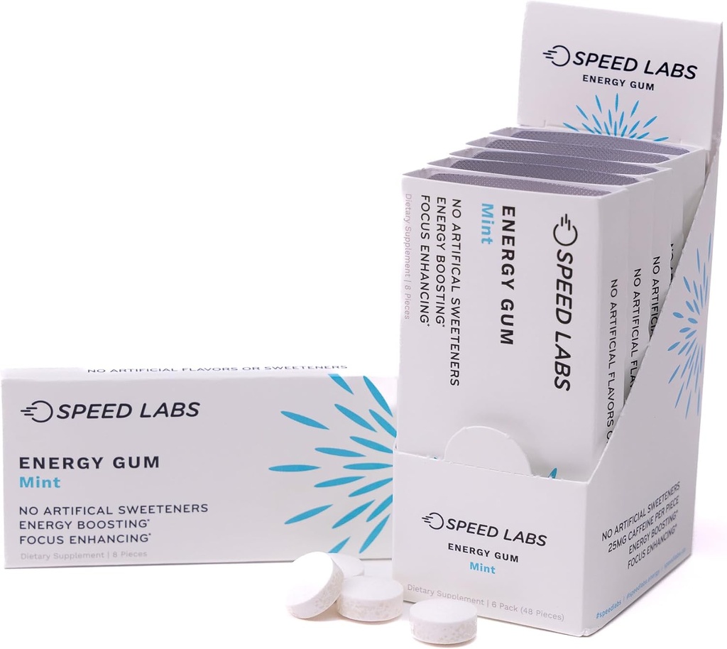 Speed Labs Mint Natural Caffeine אנרגיה מסטיק 25 מ"ג קפאין, טאורין, B ויטמינים Per, 48 Pieces (6 Packs of 8) סוכר חינם, Zero Calories, מתוקן באופן טבעי, Gluten חינם בחינם