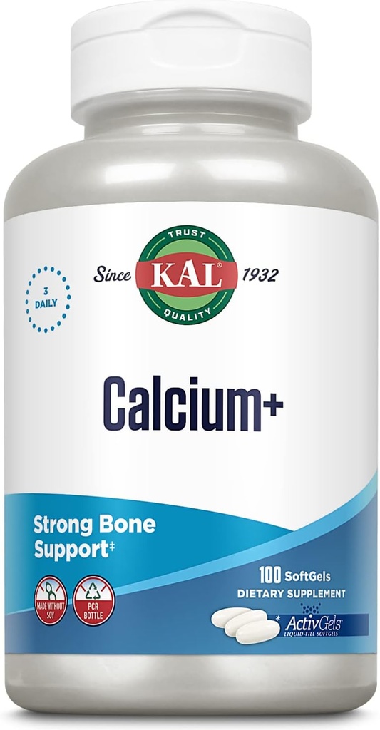 KAL Calcium+ ActivGels 1000 מ"ג | Calcium, Magnesium, Zinc ווויטמין D-3 | פורמולה כדי לעזור לתמוך שיניים בריאות ועצמות | Soy Free | 100 Softgels