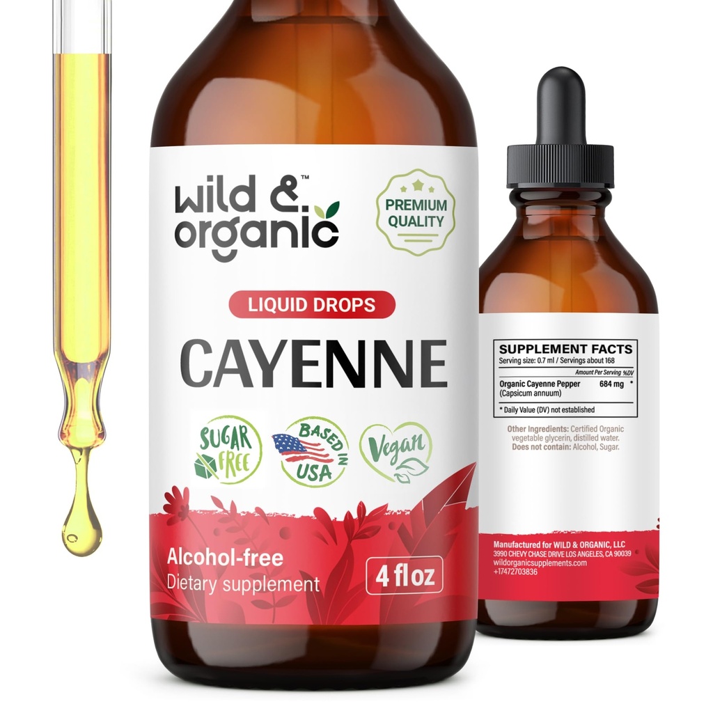 Wild & Organic Cayenne Pepper Tincture - תמיכה תזונתית עם פלט Capsaicin - קייאן פפר טיפות עבור בסך הכל - טבעוני, סוכר ואלכוהול חינם - 4 fl oz