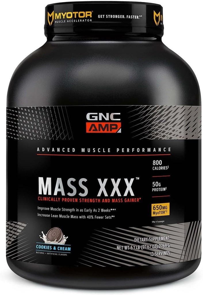 GNC AMP MassXXX, קלינית פרובנס משקל אבקת חלבון מקבלר משקל, משפר כוח, גודל, 780 קלוריות, 50g חלבון, מיקרוnized Amino Acids, קראטין, Betaine, Cookies & Cream, 13 משרתים, 6 SVGG