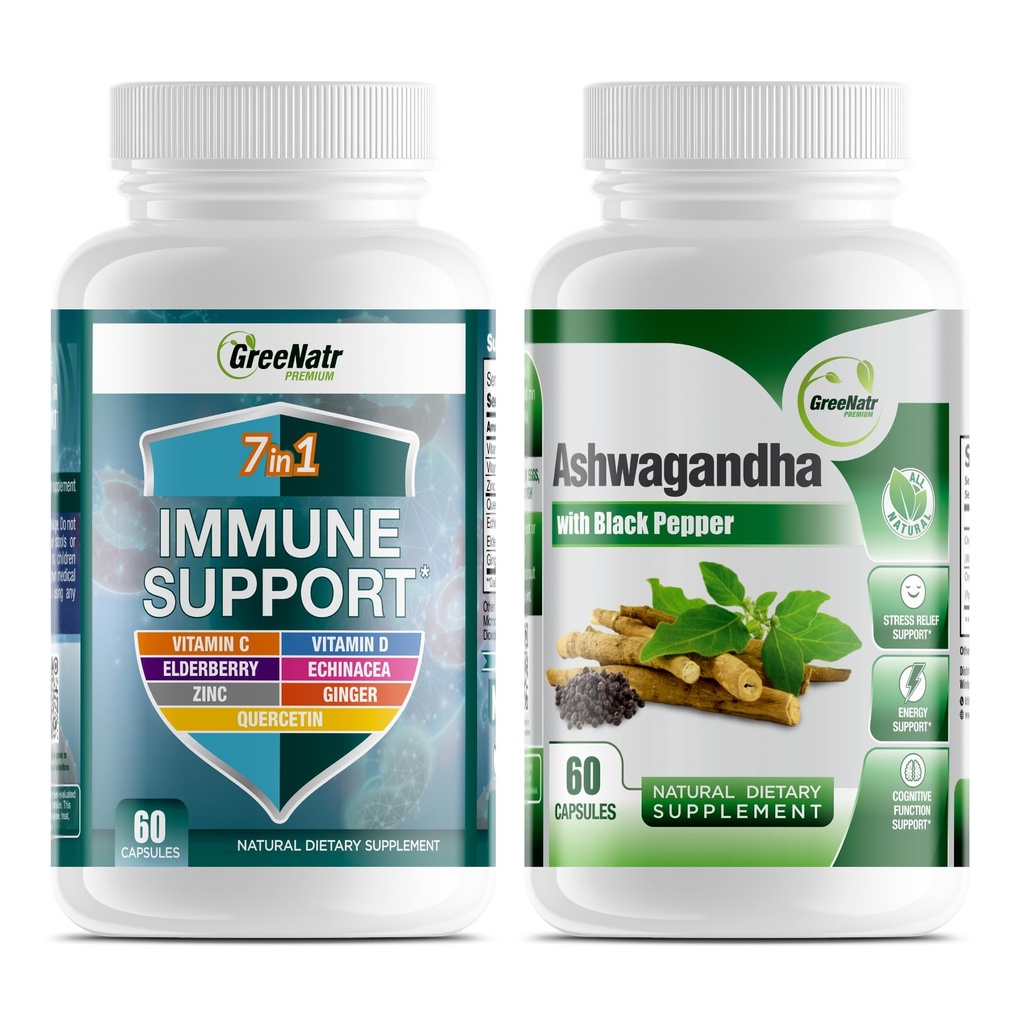 GreeNatr 7-in-1 Immune תומך תוסף עם ויטמין C, ויטמין D3, Zinc 50 מ"ג, Quercetin, בשילוב עם קפסולות אשוגנדה אורגני כולל Black Pepper עבור Absorption משופרת