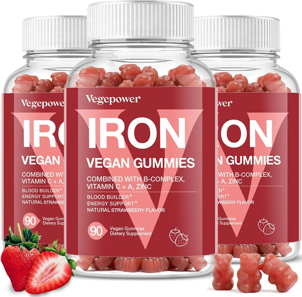 תוספי ברזל מסטיק לילדים ונשים - Multivitamin עם ברזל עבור דם בריא, ויטמין גדול חניכיים עם ויטמין C עבור Max Absorption - סטרויברי (3 Packs)