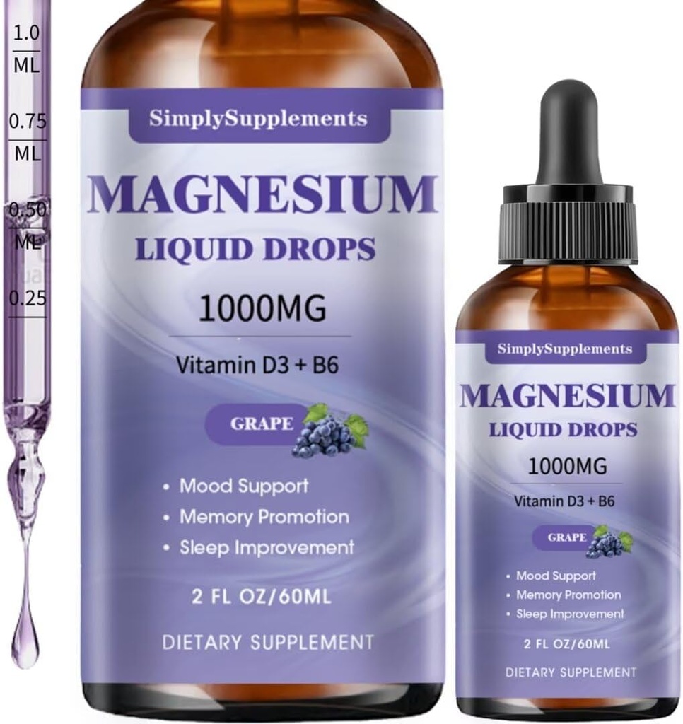 משולש Magnesium Complex טיפות, 1000 מ"ג מגנזיום Glycinate טיפות, Turate & Citrate עם L-theanine, ויטמין D3 & B6 עבור שינה ותמיכה שרירים, Calm Magnesium, Grape Flavor, 2 Fl OZ