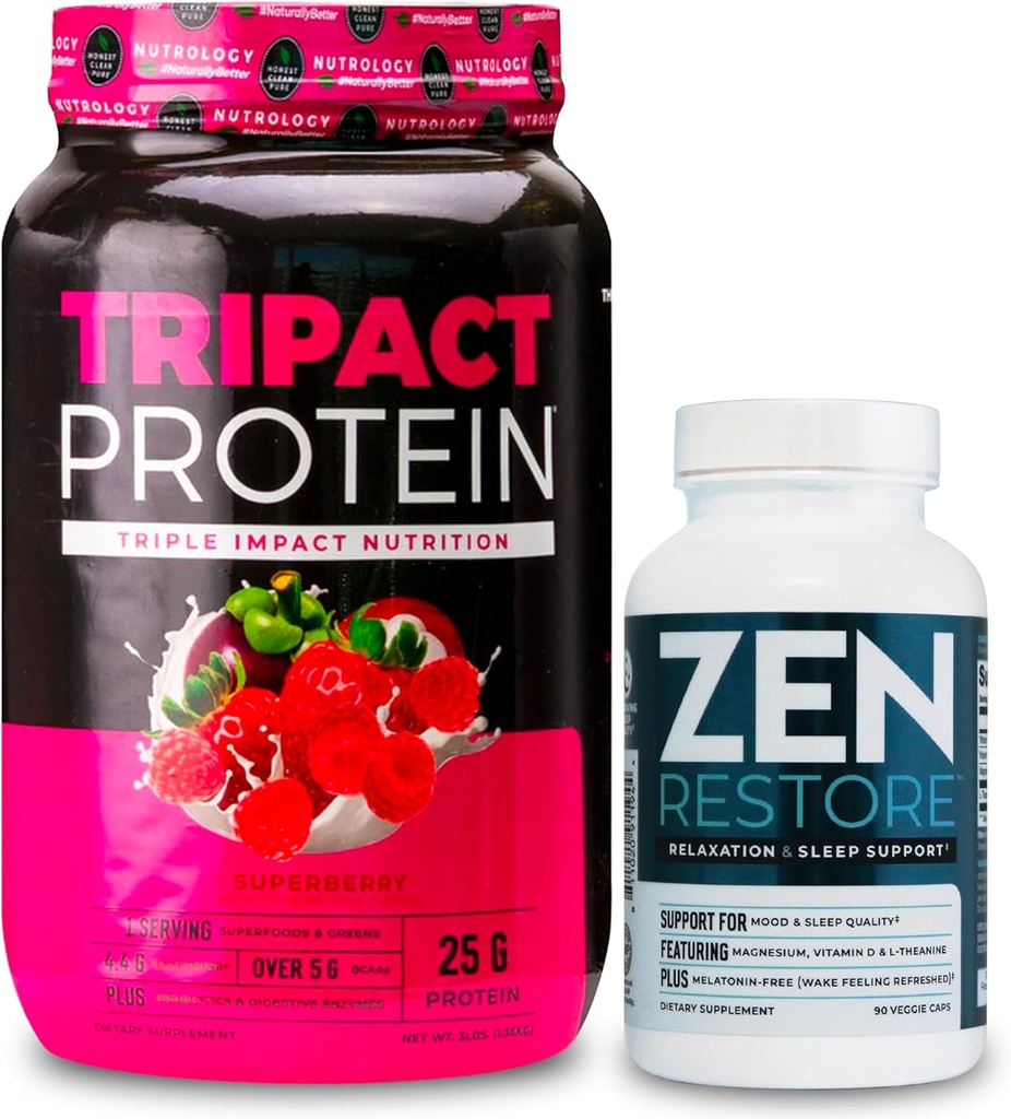 אבקת חלבון Nutrology TRIPACT, 7-in-1 Meal החלפת Shake, Superberry (40 משרתים) Zen Natural Magnesium תוסף (30 משרתים)