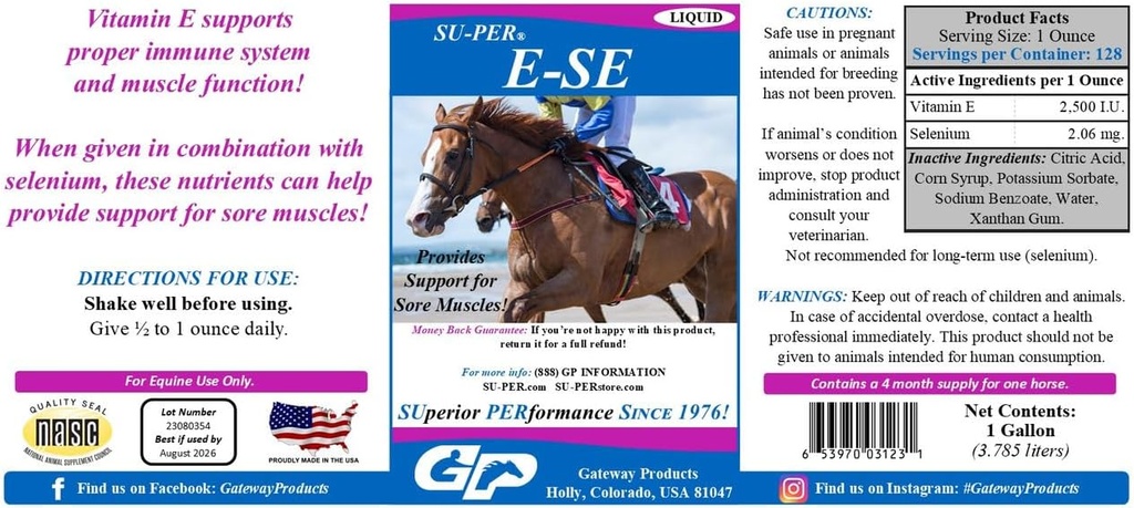 SU-PER E-Se Horses Antioxidant תוסף - ויטמין E & Selenium עבור Sore השרירים תמיכה - 1 Gallon, 4 חודשים אספקה (120 ימים)