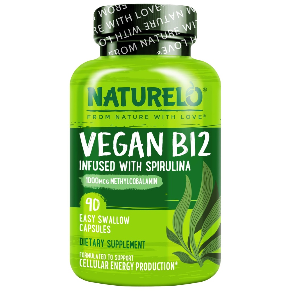 NATURELO טבעוני B12 - Methyl B12 עם אורגני Spirulina - ויטמין עתיר גבוה B12 1000 mcg Methyhydrobalamin - תמיכה בריאות Mood, אנרגיה, לב ועין בריאות - 90 קפסולות