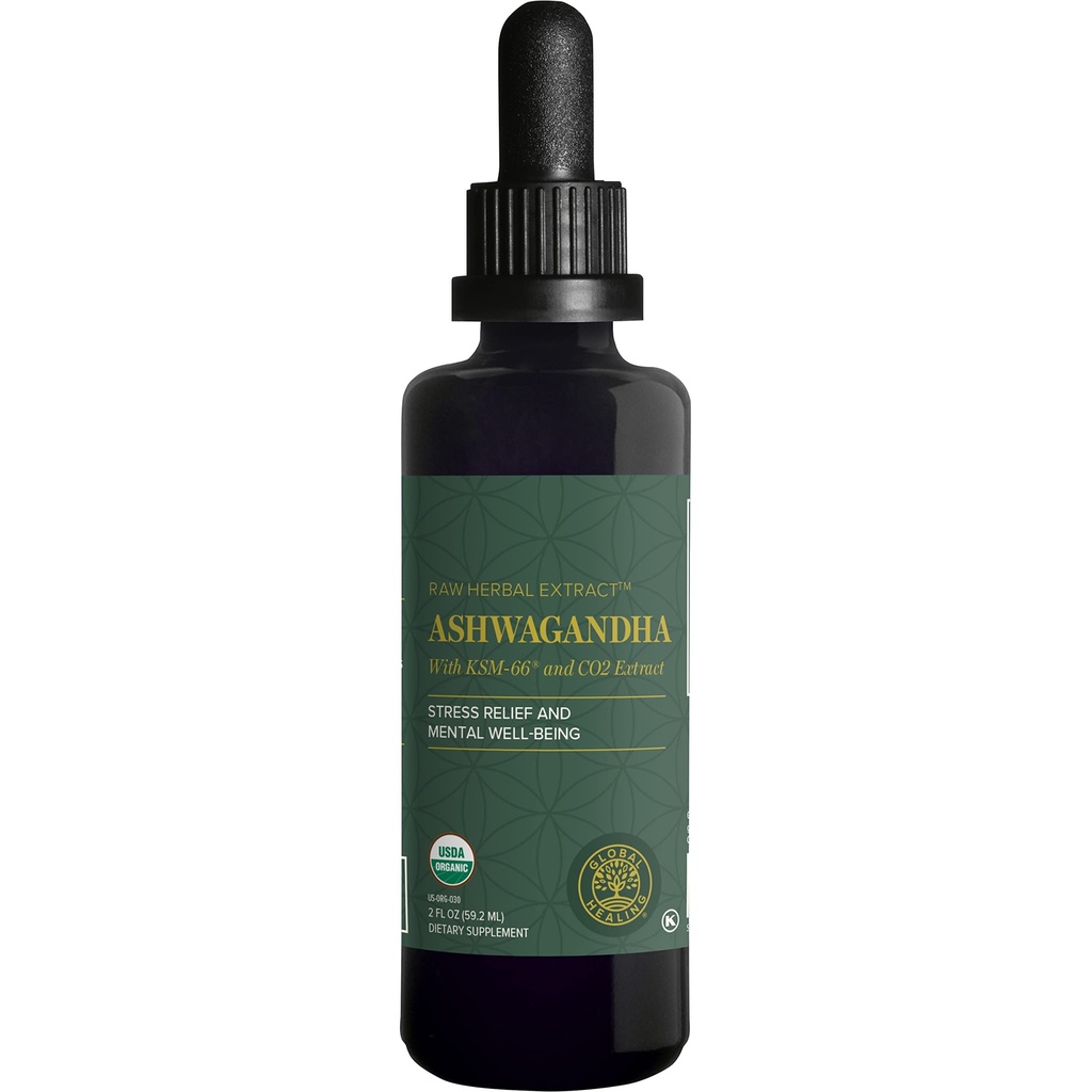 Global Healing Center - Organic Ashwagandha תוספי Drops - KSM-66 Ashwagandha תוספת כוח עבור גברים ונשים, מסייע לקדם הקלה ממתח, תמיכה Mood, אורגני (2 Fl Oz)