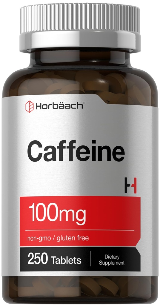 Horbäach Caffeine Pills 100 מ"ג | 250 טבליות | פורמולה צמחונית | Non-GMO, Gluten Free Supplement
