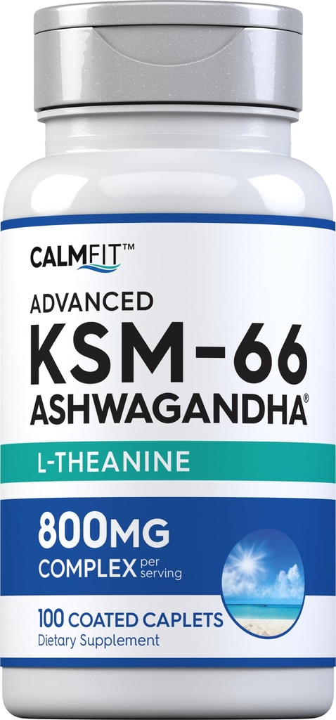 Piping Rock KSM-66 Ashwagandha L-theanine תוסף | 800mg | 100 Caplets | Advanced Complex Root Extracted | טבעוני, Non-GMO, Gluten Free