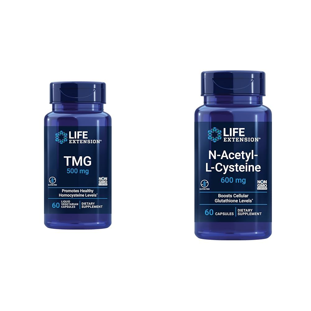 Life Extension TMG 500 מ"ג - Trimethylglycine תוסף - מעודד רמות Homocysteine בריאות ו N-Acetyl-L-Cysteine (NAC), Immune, Respiratory, Liver Health, NAC 600 מ"ג