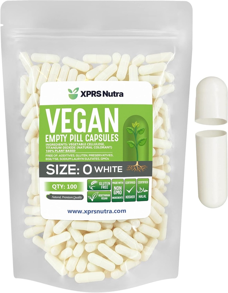 XPRS Nutra Size 0 קפסולות ריקות - 100 ספור קפסולות טבעוניות ריקות - גלולות צמחוניות - קפסולת ירקות DIY מילוי - Veggie Pill Caps for Do-It-Yourselfs (לבן)