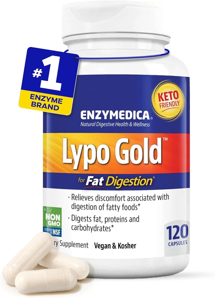 Enzymedica Lypo Gold, High Potency Lipase Digestive Enmes for Fat Digest, תומך Occasional Bloating Health & Digestive Health, Keto-Friendly, טבעוני, 120 קפסולות FFP