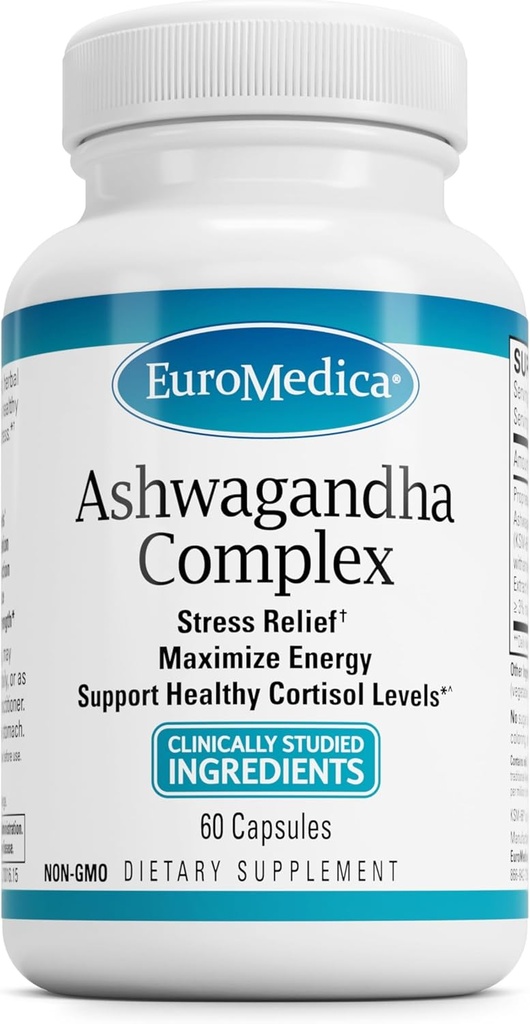 EuroMedica Ashwagandha Complex - תוספת לתמיכה בבריאות Adrenal - תוספת Ashwagandha עם Rhodiola Rosea Extracta - תוסף צמחי לתמיכה באנרגיה וריכוז - 60 קפסולות