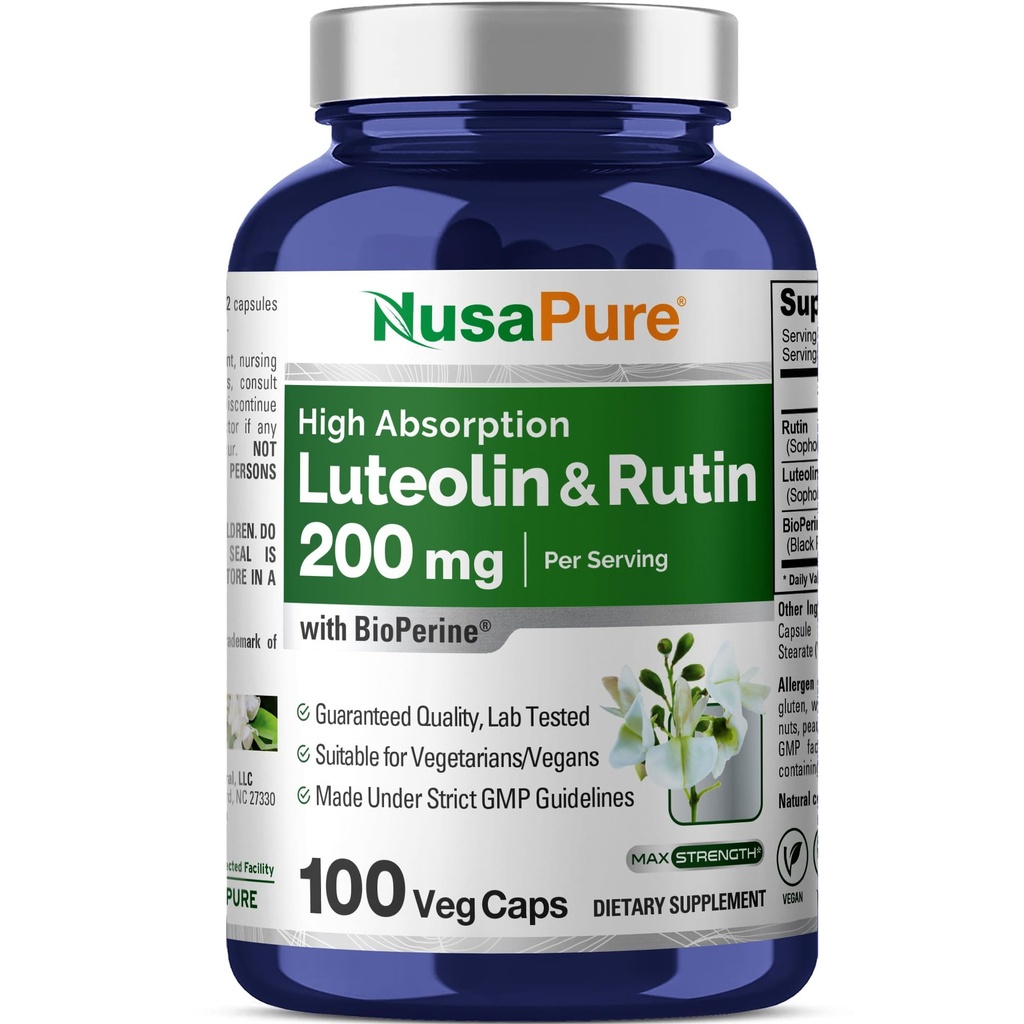 NusaPure Luteolin Complex with Rutin 200 מ"ג | 100 קפסולות | Vegetarian, non-GMO & Vegan Flavonoid Formula