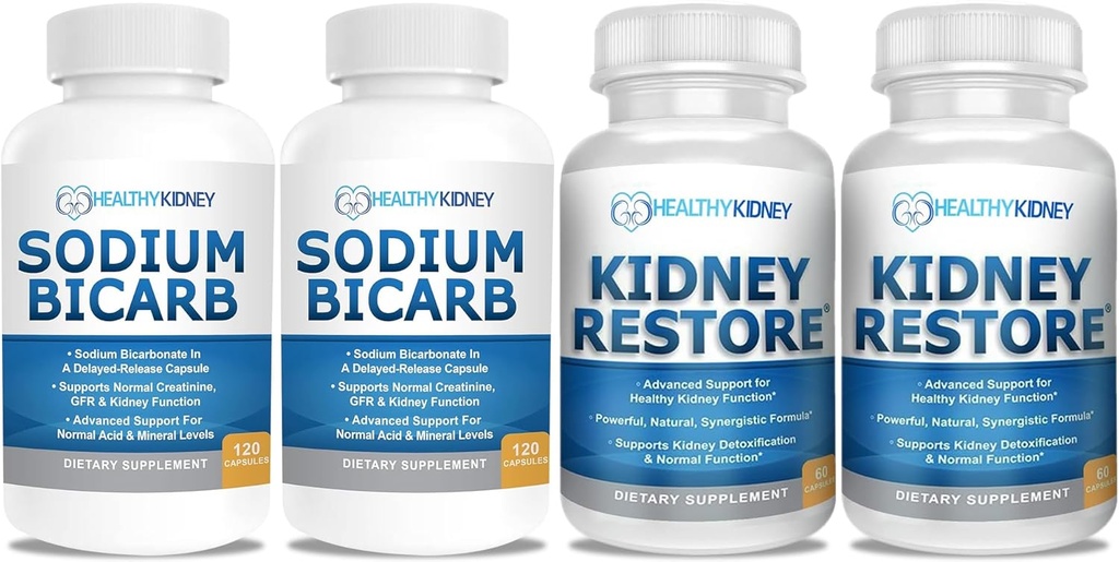 Sodium Bicarbonate 650 מ"ג קפסולות עבור סיוע Acid, Alkalinity 120 Pills 2Pack + Kidney לשחזר Kidney ניקויse ו- Kidney Health Supplement, 60 caps - 2 Pack