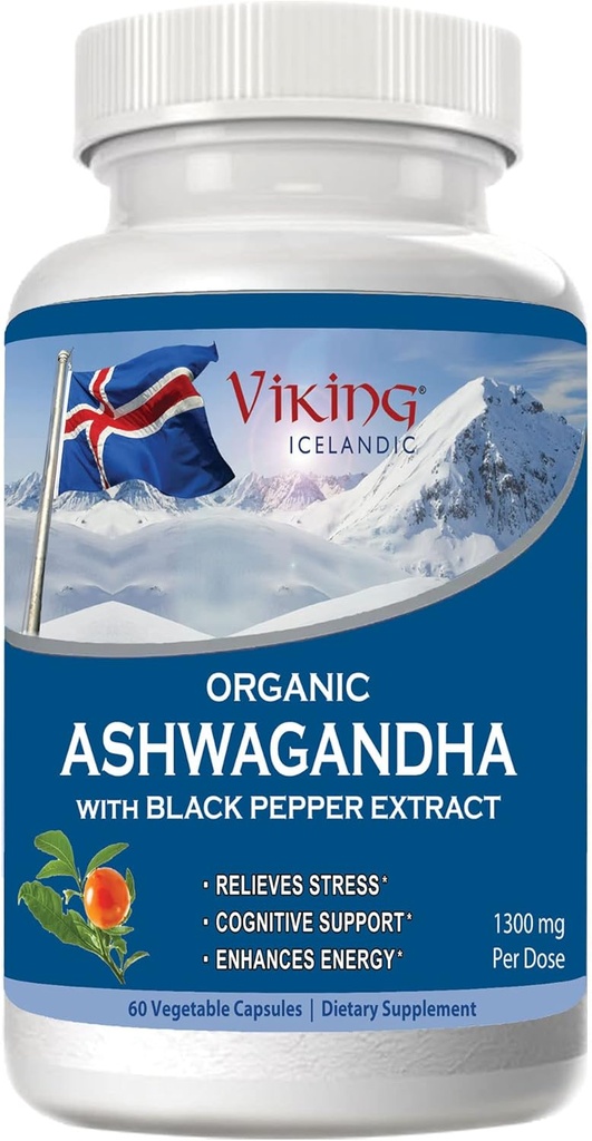 ויקינגים אורגני אשוגנדה עם Black Pepper לחלץ איסלנד. 60 קפסולות טבעוניות - מקסימום Absorption for Stress, Mood & Energy Support