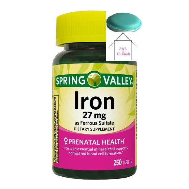 Spring Valley Iron as Ferrous Sulfate Tablets Dietary Supplement, 27 מ"ג, 250 Count + 1 מיני גלולות Container (Color Varies)