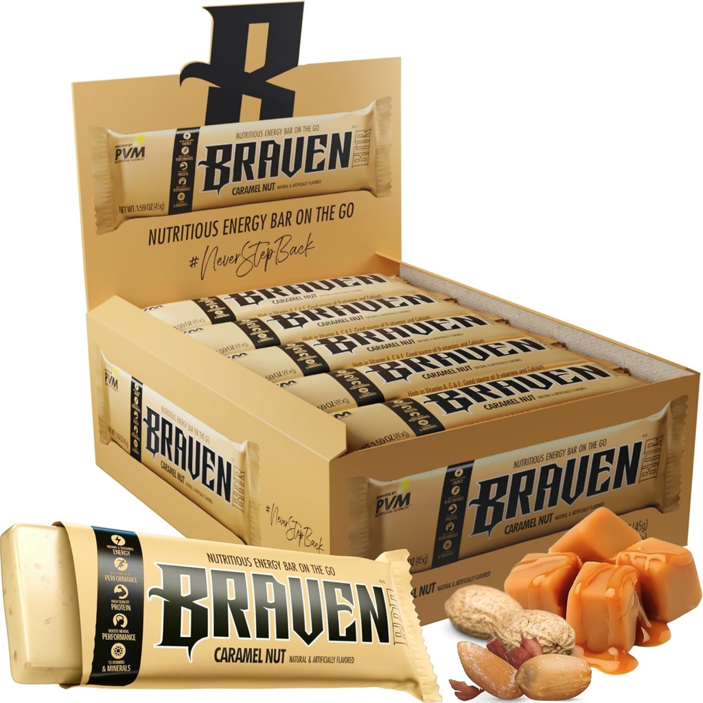 Braven Bar Karamel Nut Energy Bars (1.59 oz, Pack של 20) - אנרגיה צ'יפס עם חלבון 5g - On-the-Go Energy חטיפים עבור ריצה, Hiking, וספורט - גלטן חינם חטיפים עבור אנרגיה סוסטed Boost