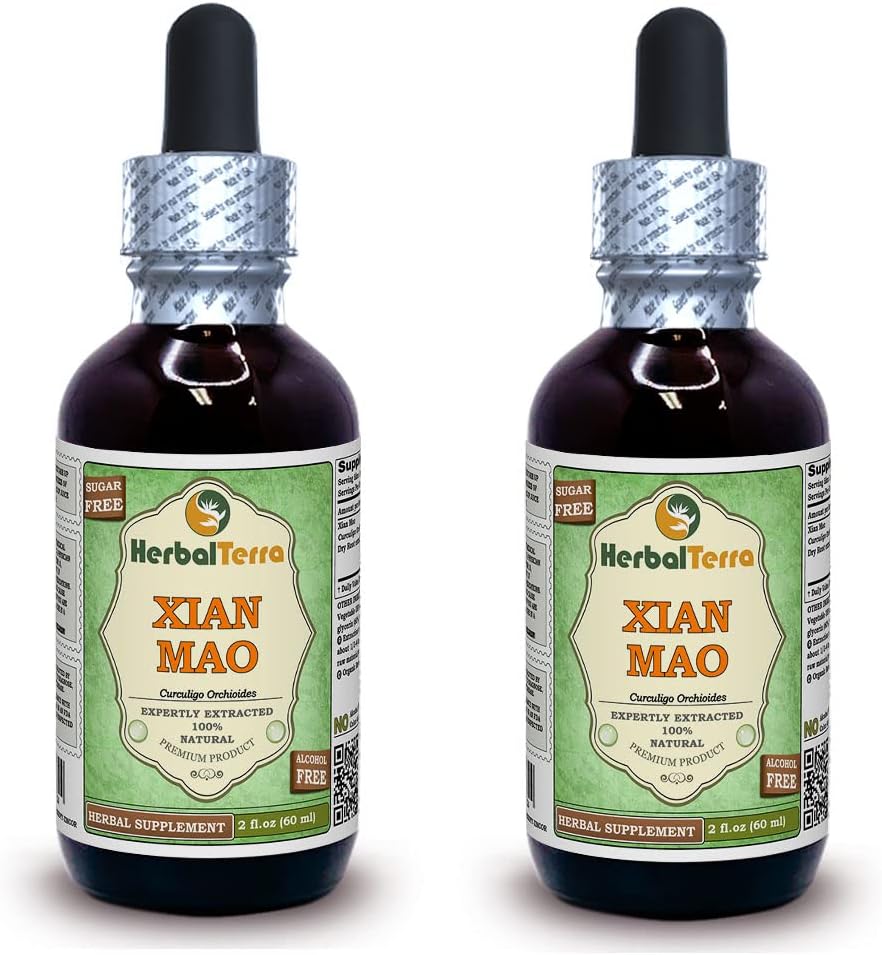 Xian מאו, Curculigo (Curculigo Orchioides) Glycerite, אורגני Dried Root אבקת פוליזל ללא אלכוהול (Brand Name: HerbalTerra, המיוצר גאה בארה"ב) 2x2 fl.oz (2x60 מ"ל)