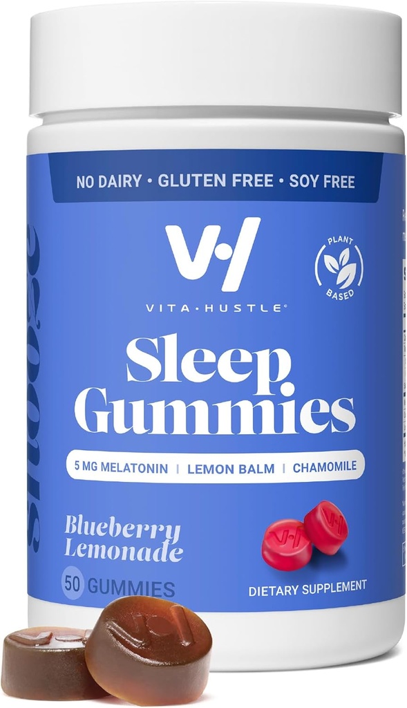 VitaHustle Natural Sleep Gummy 5 מ"ג מלטונין, לימון Balm, Chamomile, Stick & Sleep Aid, Low Sugar, Blueberry Lemonade, 50 Count Count