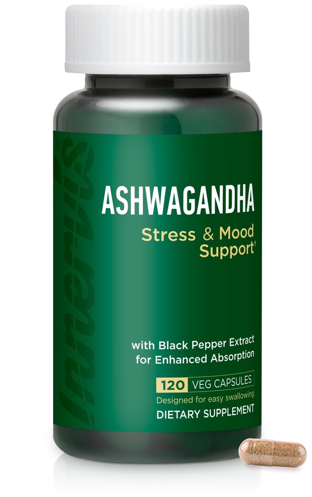 Ashwagandha 500 מ"ג - הקלה מתח, Mood Balance & להירגע עם Black Pepper, 120 קפסולות טבעוניות