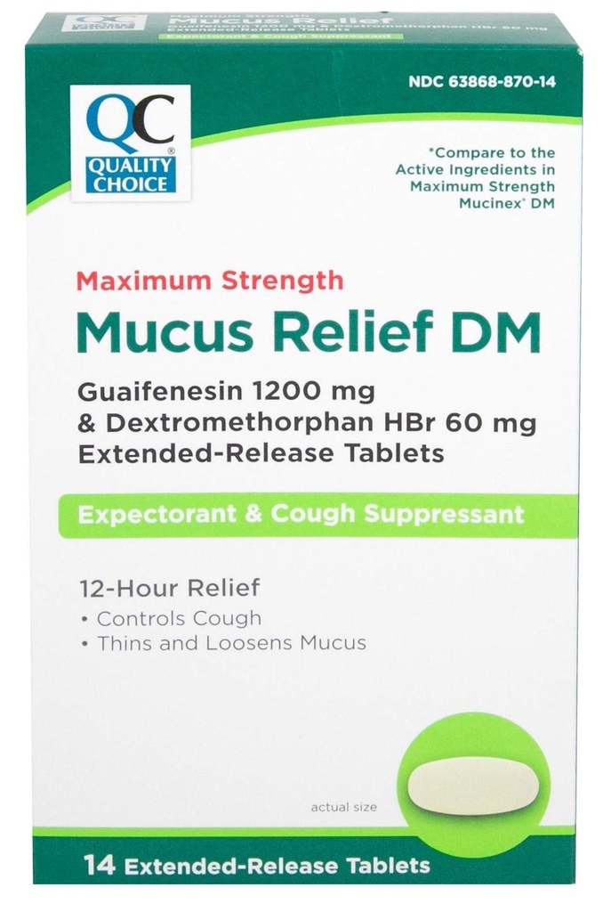 איכות בחירה כוח מקסימלית Mucus הקלה DM, Cough Suppressant וצפוי, 12 Hour הקלה, Guaifenesin 1200 מ"ג ו Dextromethorphan HBr 60 מ"ג לוחות שחרור מורחבים, 14 הרוזן הרוזן ספירה