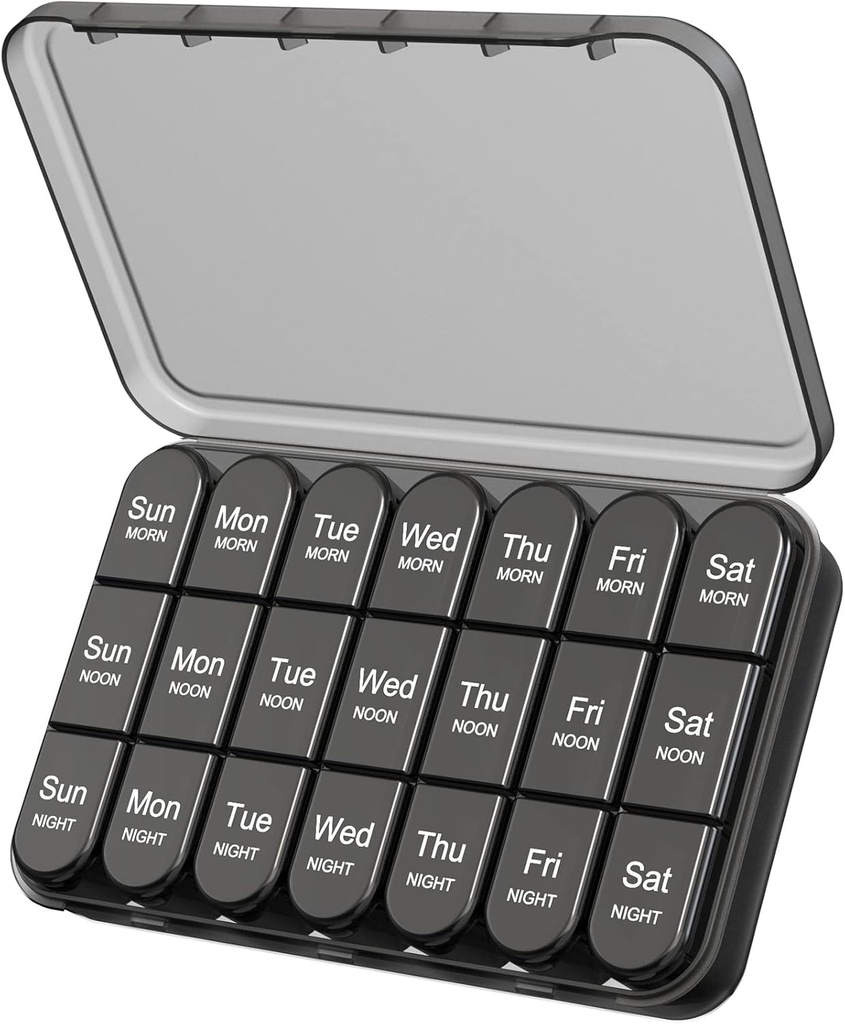 Daviky Pill מארגנת 3X ביום, כדור שבועי Box 7 Day, Travel Pill Case with Largeers, Light-Proof Pill Case for ויטמינים, תרופות, תוספים ושמן דגים (שחור)