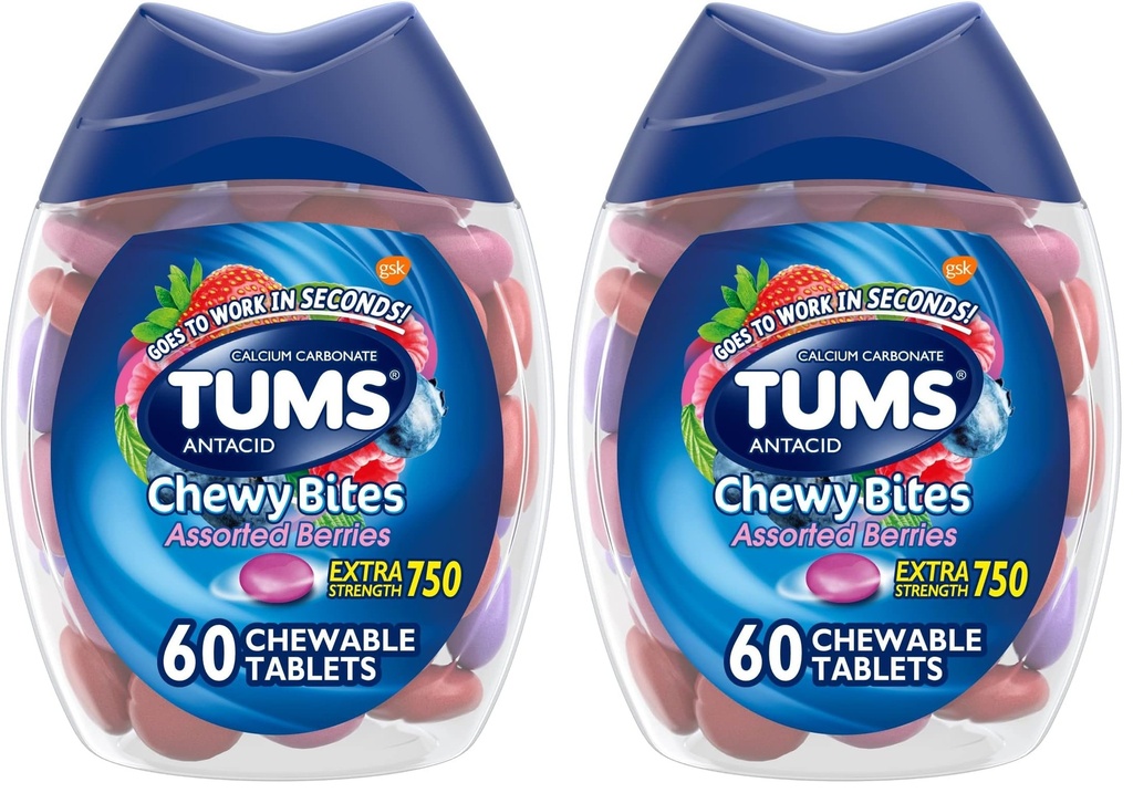 TUMS Chewy Bites Antacid טבליות עבור Chewable Heartburn הקלה ו Acid Indigestion הקלה, Assorted Berries - 60 Count (Pack of 2)