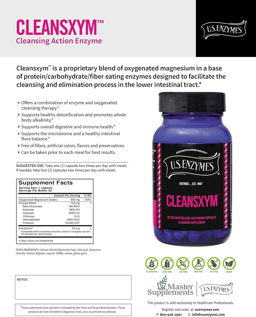 US Enzymes CLEANSXYM 62 קפסולות צמחוניות. ניקוי תוסף