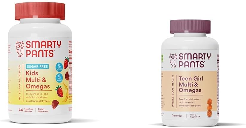 SmartyPants Kids Multivitamin Gummies, Sugar Free: אומגה 3 (ALA) & Teen Girl Multivitamin Gummies: אומגה 3 שמן דגים (EPA / DHA)