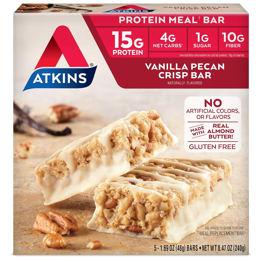 Atkins Vanilla Pecan Crisp חלבונים Meal Bar, High סיבים, 1g Sugar, 4g Net Carb Meal החלפת, Keto Friendly, 5 Count