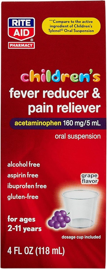Rite Aid Children's Acetaminophen, Grape Flavor, 160 מ"ג - 4 oz | Pain Reliever and Fever reductionr