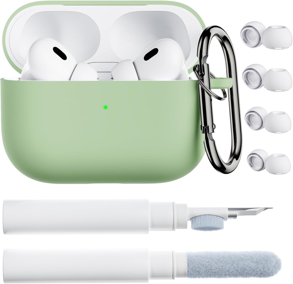 OrNARTO עבור AirPods Pro 2 Case, Compatible with AirPods Pro 1st/2nd Generation, Soft Silicone Cover with Cleaner Kit, Eartips Protector & Keychain-Pistachio