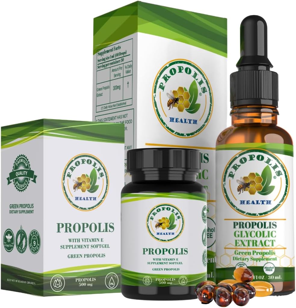 Propolis Green Propolis Bundle: 1000 מ"ג קפסולות עם ויטמין E & Green Propolis לחלץ נוזל - 50 ימים קפסולה ו 30 ימים נוזל אספקה עבור תמיכה החיסון