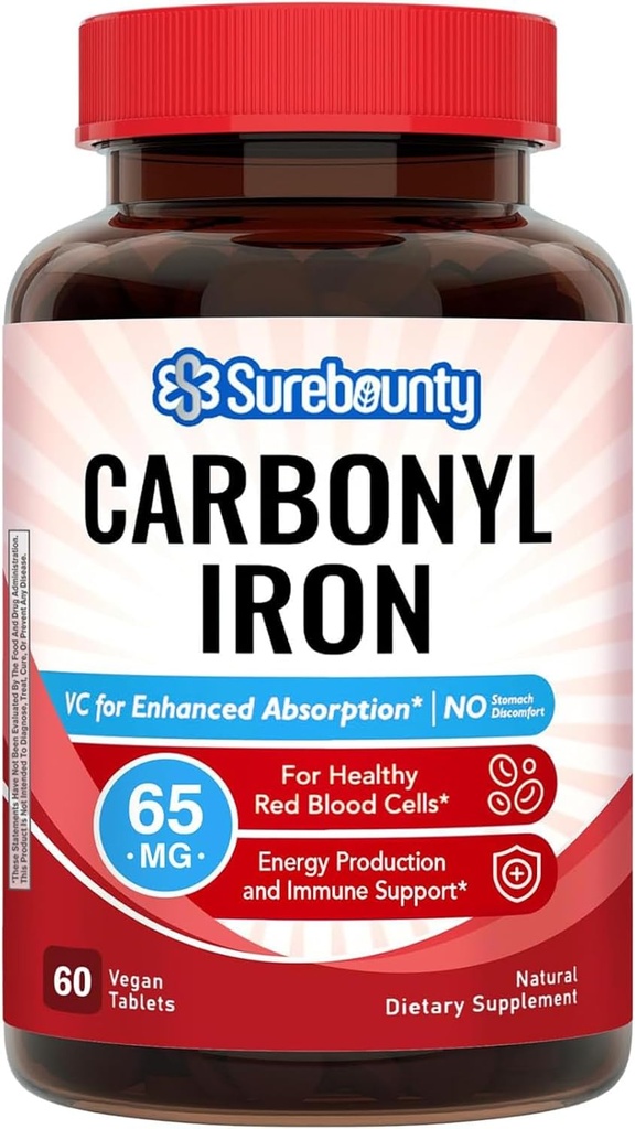 Carbonyl Iron, עם ויטמין C טבעי, Gentle על Stomach, High Absorption, עבור Red Blood Cell Function, תמיכה באנרגיה, טבעוני, 60 Tabs