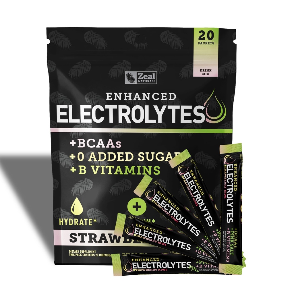 הגדלת פוליקת אלקטרוליטה Stick Packs (Strawberry קיווי | 20 Packets) w / 0 Sugar +BCAAs +B-Vitamins Electrolyte תוסף wassium Zinc & Magnesium עבור הידרה - Keto Electrolytes