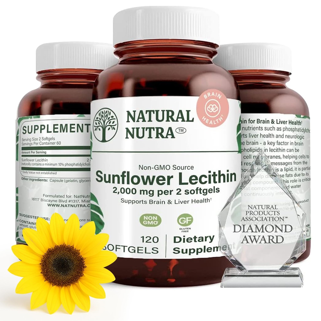 טבעי Nutra Sunflower Lecithin 2000 מ"ג תוספת, תומך הנקה אמהות עם הקלה חלב פלוגט, Liver & Brain Health Booster, Soy Free, non-GMO, Gluten-Free, 120 Softgels (2 Pack)