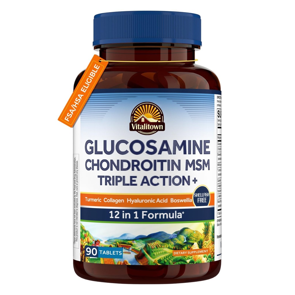 Vitalitown Glucosamine Chondroitin MSM | Collagen, Boswellia, Turmeric, Hyaluronic Acid, Bromelain | Triple Action+ Formula | 12 Ingredients | 90 Tablets, No Shellfish