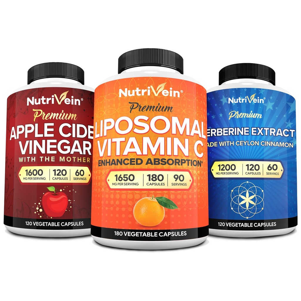 Nutrivein Premium Berberine, Apple Cider Vinegar, & Liposomal ויטמין C תוסף Bundle: High-Absorption ויטמין C קפסולות, ACV קפסולות, & Berberine תוספת עבור בריאות ואינטימיות
