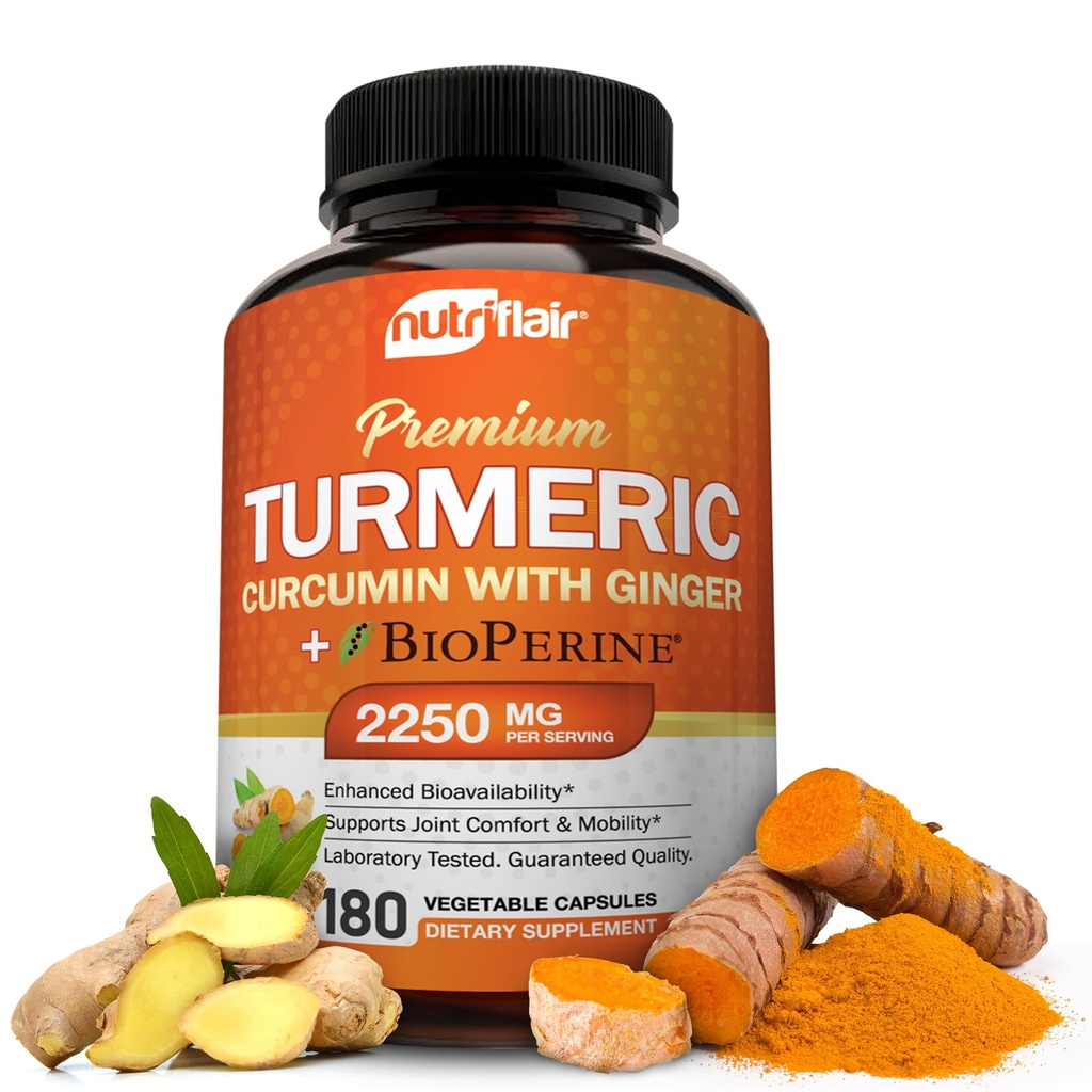 תוספי מזון תזונתייםFlair Turmeric Curcumin עם ג'ינג'ר ו- BioPerine Black Peppers, 180 קפסולות - 95% Curcuminoids - תמיכה משותפת, אנטי-חמצן, אנטי הזדקנות - טבעי, non-GMO, טבעוני הטוב ביותר עוצמה