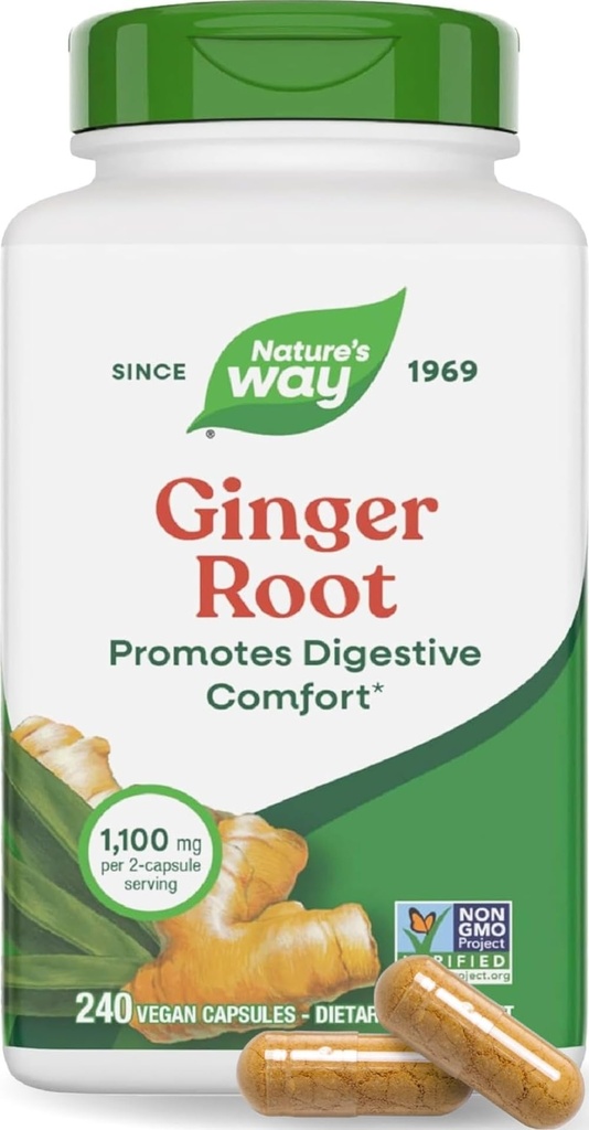 הדרך של הטבע ג'ינג'ר Root כמוסות 550 מ"ג לכל קפסולה, Digestive Comfort * מפחיתה את התנועה-Related Nausea*, 1,100 מ"ג לשתי קפסולות, פרויקט Non-GMO מאומת, טבעוני, 240 הרוזן (Packaging May Vary)