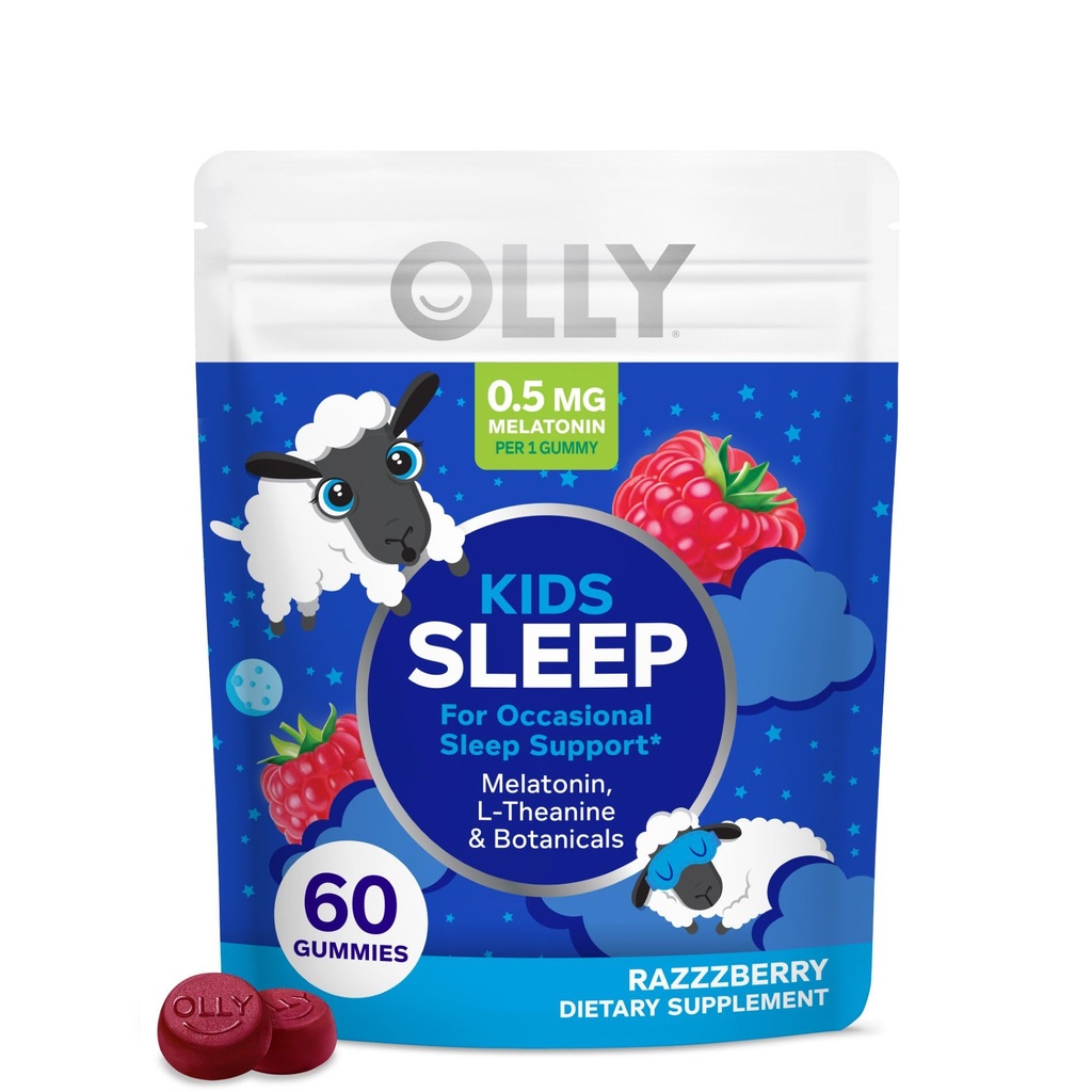 OLLY Kids Sleep Gummy, 0.5 מ"ג מלטונין, L Theanine, Chamomile, and Lemon Balm, Childrens Chewable Supplement, Occasional Sleep Support, Raspberry - 60 Count