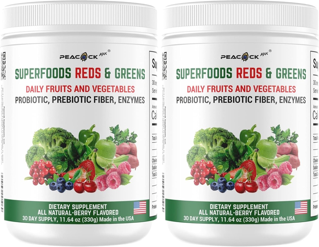 Superfood Reds & Greens אבקת - 11.64 oz (Pack of 2), Prebiotics & Probiotics לבריאות העיכול, Super Greens אבקת עם Ashwagandha, Antioxidants, טבעוני, non-GMO