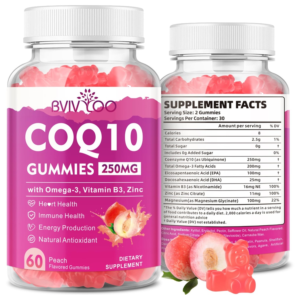 Sugar-Free CoQ10 Gummies 250 מ"ג, Plus אומגה 3, ויטמין B3 & Zinc, Magnesium - High Absorption Coenzyme Q10 תוספי בריאות הלב, אנרגיה סלולרית ותמיכה אנטי-חמצן, 60 הרוזן